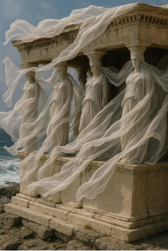 #Caryatids che scorre nel vento# Lo stile della scultura è strettamente associato all'arte greca antica
